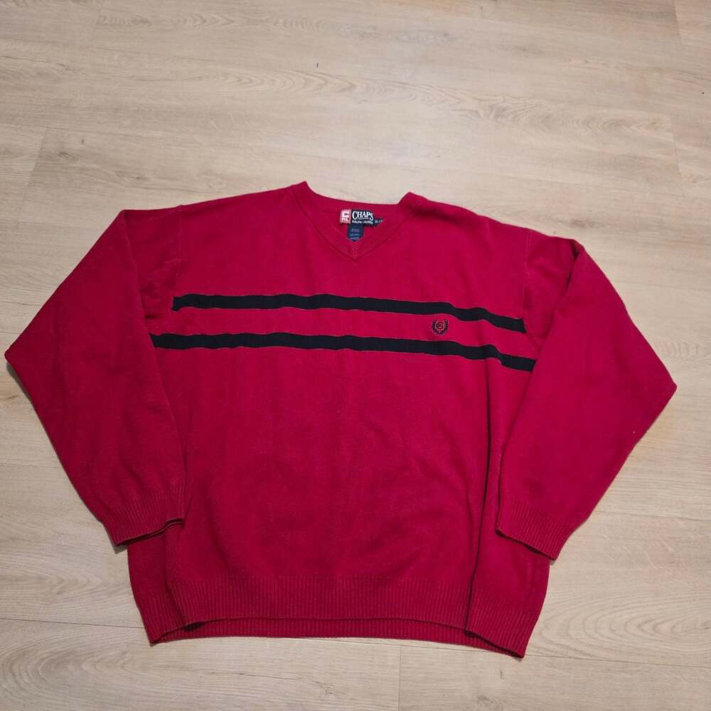 Vintage Chaps Ralph Lauren V-Neck Sweater Red Striped Men's XL